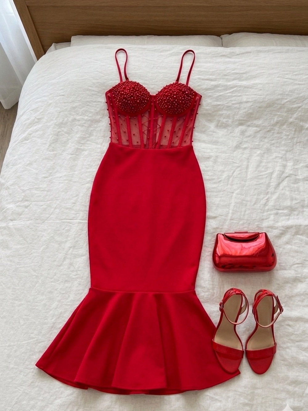 Fashion Nova Red Beaded Corset Midi Mermaid Dress